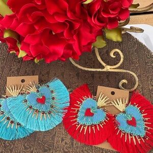 Heart-Shaped Fringe Earrings - Red and Blue